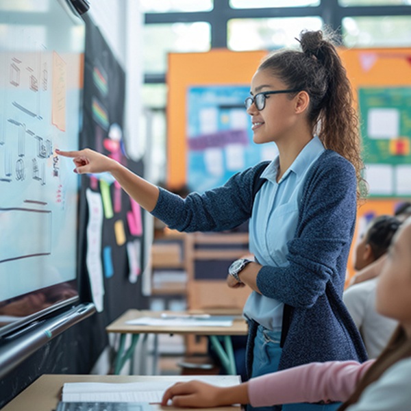a girl pointing in the board